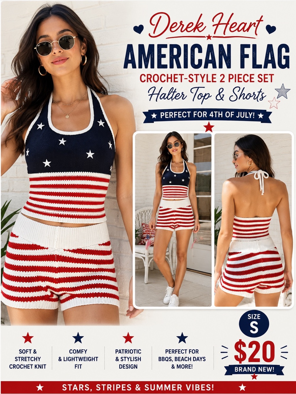 Derek Heart Red, White & Navy Crochet Halter Top and Shorts Set